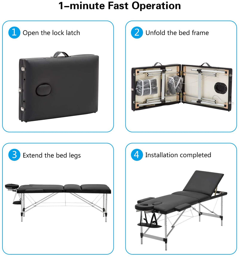 Meerveil Portable Massage Table Folding Therapy Bed Lightweight Massage Table 3/2 Zones with Height-Adjustable Aluminium Feet